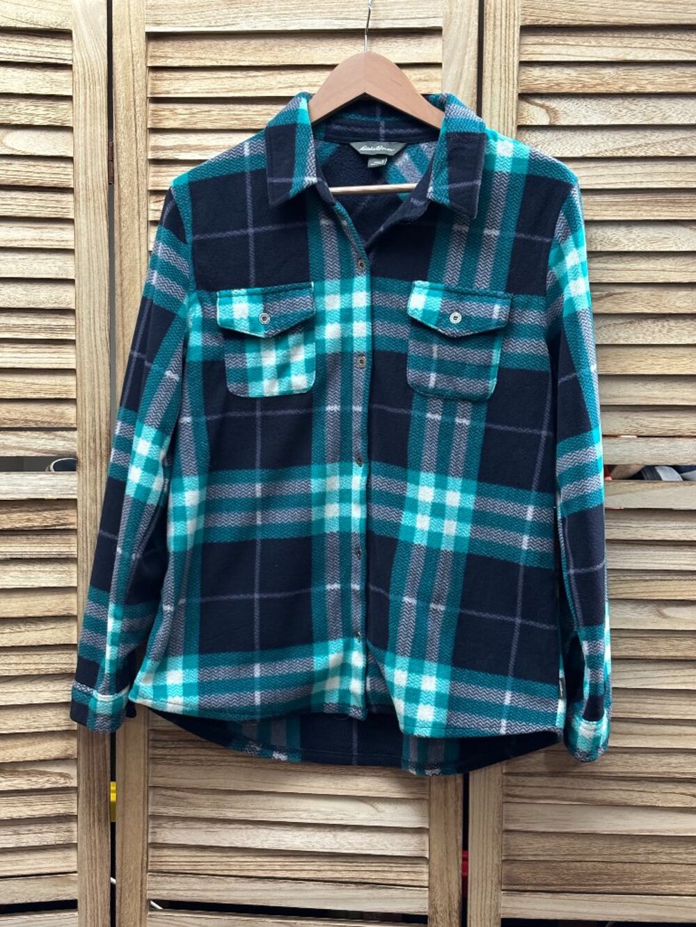 Eddie Bauer Turquoise Navy Blue Plaid Soft Fleece Button Up Shacket S
